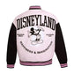Pink and black disneyland varsity jacket with Disneyland logo and text on a white background