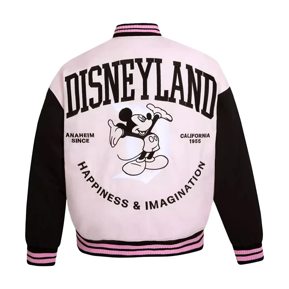 Pink and black disneyland varsity jacket with Disneyland logo and text on a white background