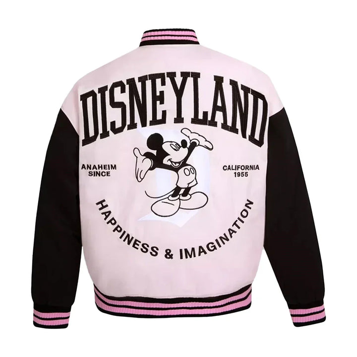 Pink and black disneyland varsity jacket with Disneyland logo and text on a white background