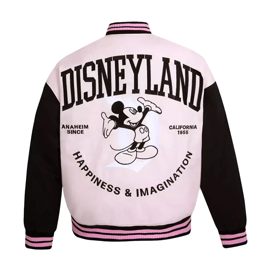 Pink and black disneyland varsity jacket with Disneyland logo and text on a white background