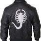 black drive film jacket scorpion​ with white scorpion logo on back