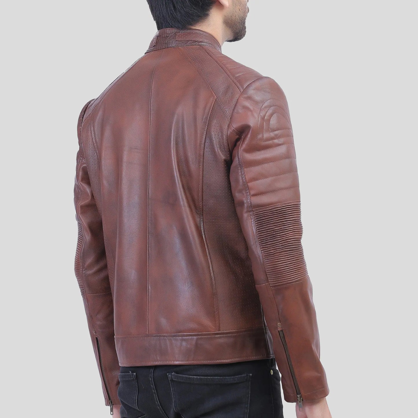 Mens Tall Perforated Cognac Waxed Cafe Racer Leather Jacket