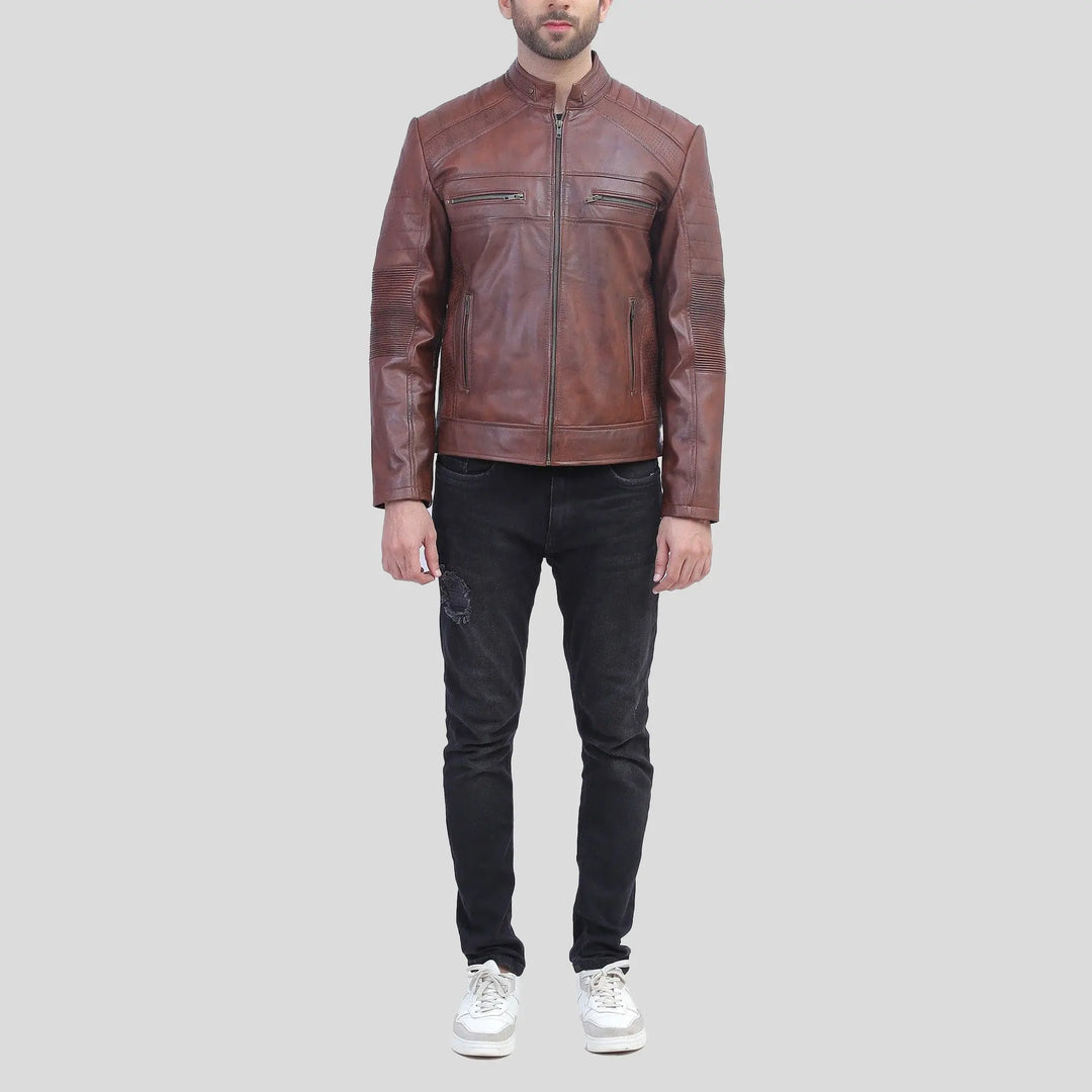 Mens Tall Perforated Cognac Waxed Cafe Racer Leather Jacket