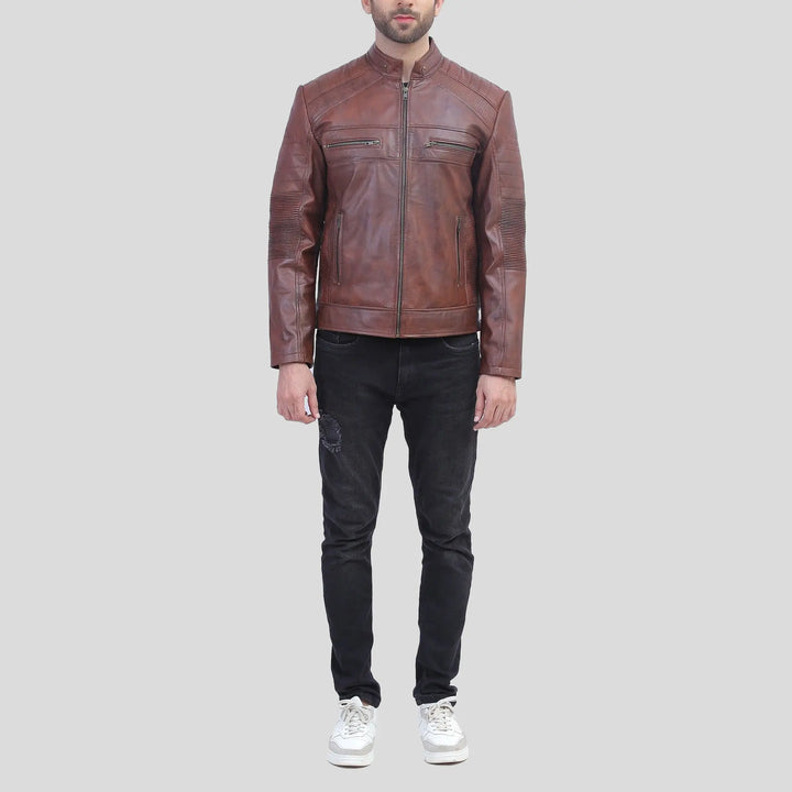 Mens Tall Perforated Cognac Waxed Cafe Racer Leather Jacket