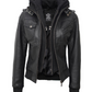 Women's Black Hooded Bomber Leather Jacket