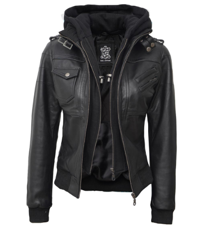Women's Black Hooded Bomber Leather Jacket