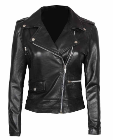 Amber Womens Black Leather Moto Jacket in Asymmetrical Style