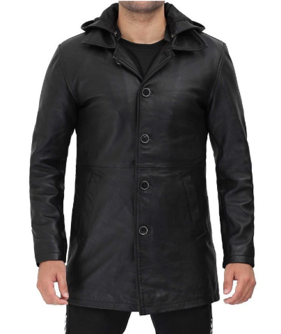 Devine Men's Black Leather Coat With Hood
