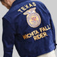Navy blue jacket with 'Texas Wichita Falls Rider' text and FFA logo on a gray background