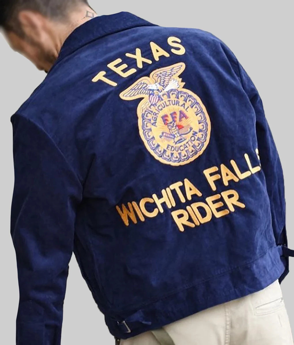 Navy blue jacket with 'Texas Wichita Falls Rider' text and FFA logo on a gray background