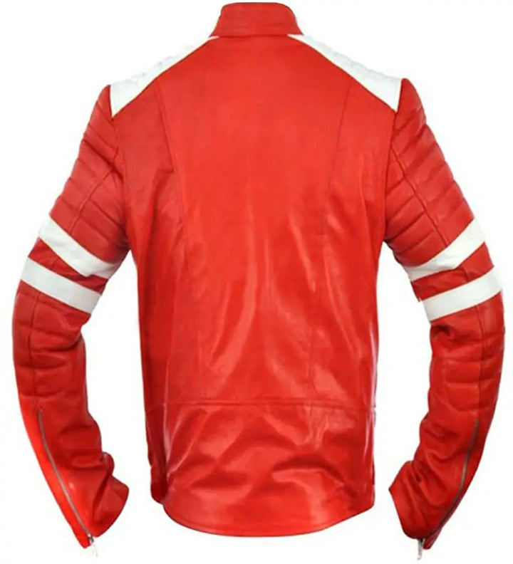 Back view of Fight Club Brad Pitt Red and White Leather Jacket