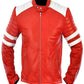 Front view of Red and White Fight Club Brad Pitt Leather Jacket