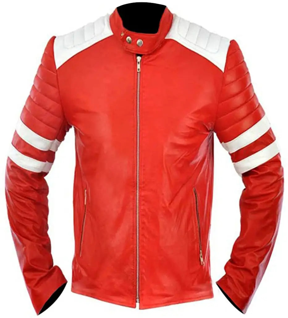 Front view of Red and White Fight Club Brad Pitt Leather Jacket