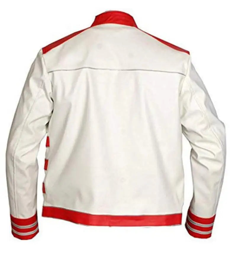 Back view of  Freddie Mercury Military Concert Red & White Leather Jacket