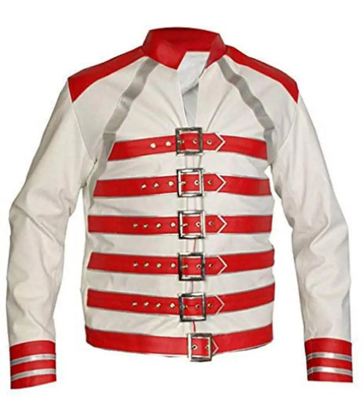 Front view of Red and White Freddie Mercury Military Concert Red & White Leather Jacket
