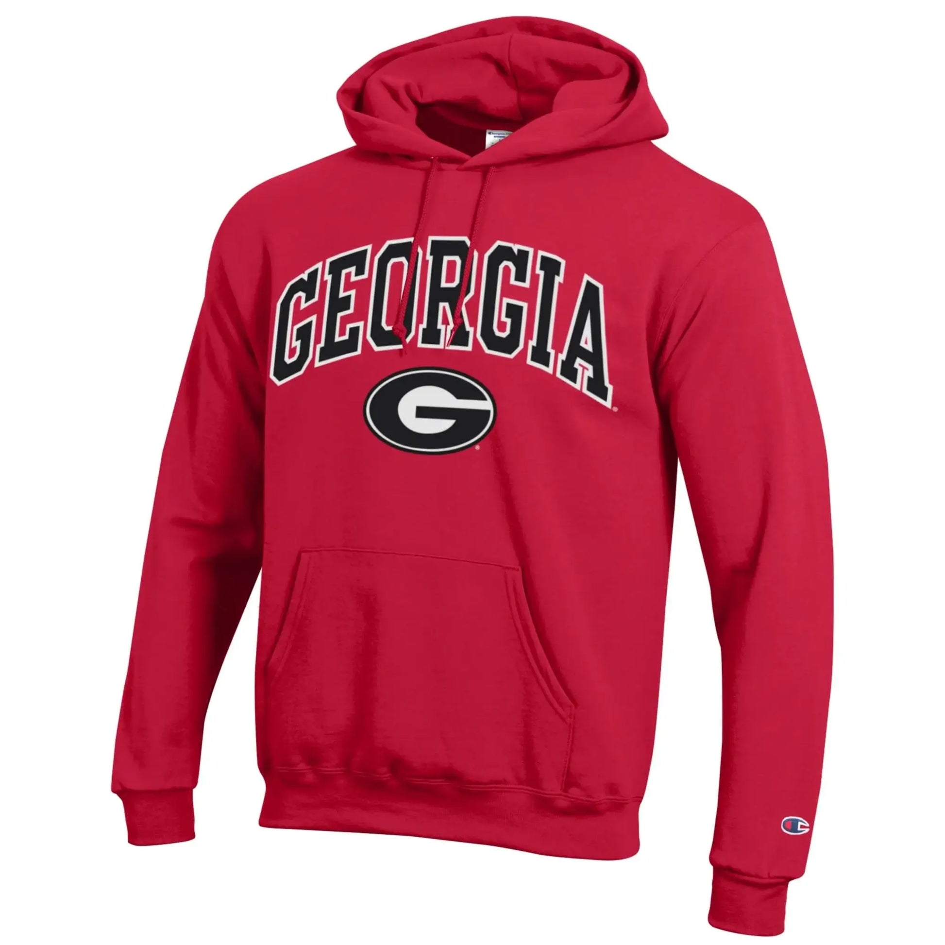 Red hoodie with 'Georgia' text and logo on a white background