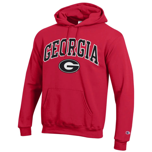 Red hoodie with 'Georgia' text and logo on a white background