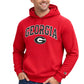 Man wearing a red 'Georgia' hoodie with a logo on a white background