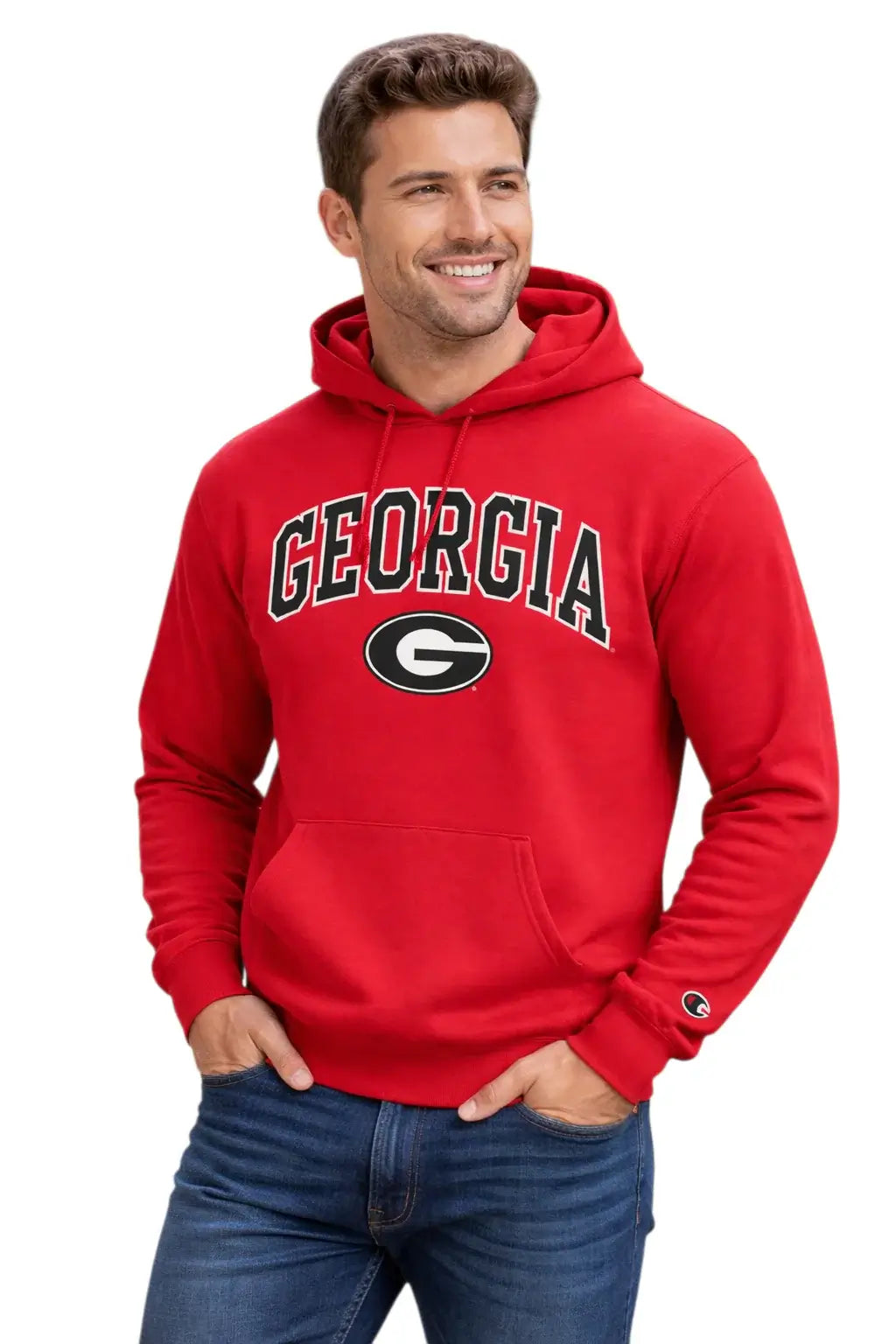 Man wearing a red 'Georgia' hoodie with a logo on a white background