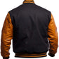 Black varsity jacket with orange sleeves on a white background