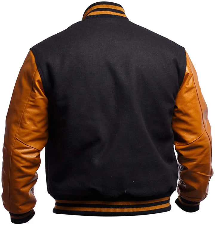 Black varsity jacket with orange sleeves on a white background