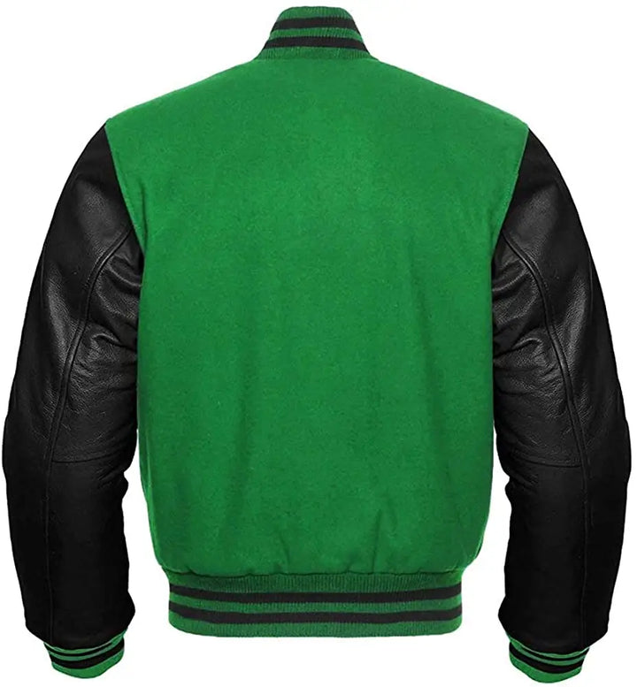 Green varsity jacket with black sleeves on a white background