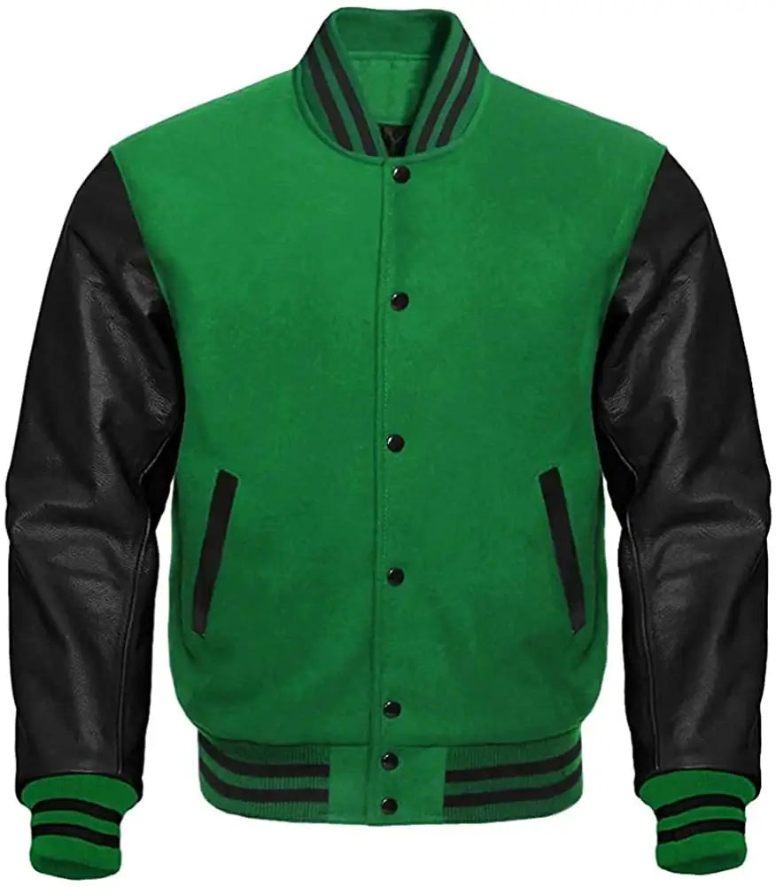 Green varsity jacket with black leather sleeves on a white background