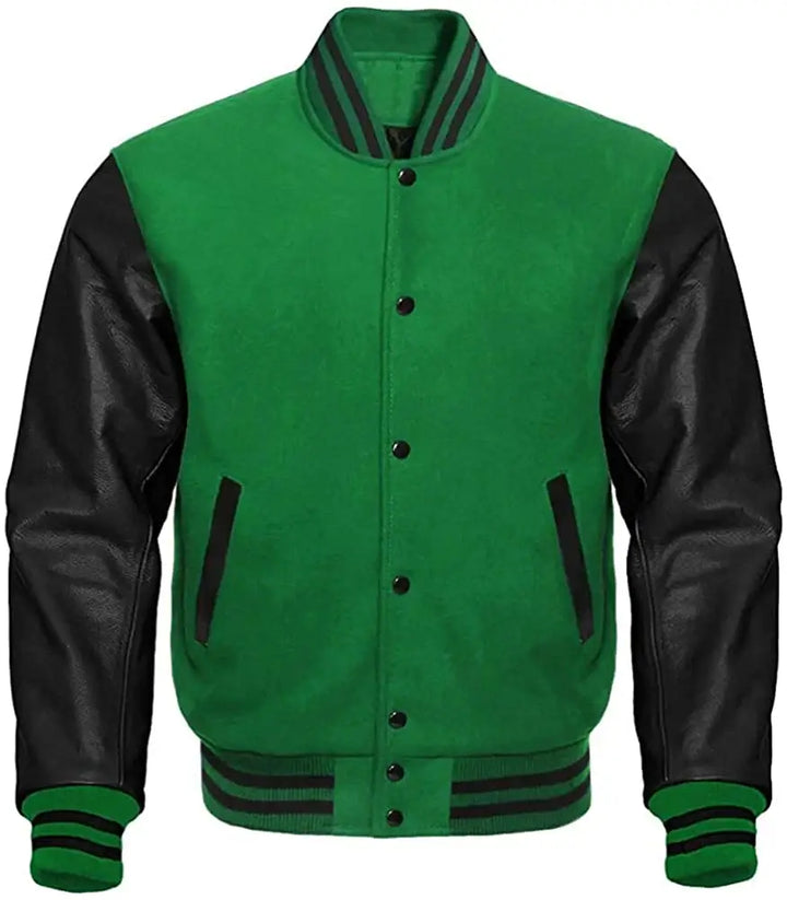 Green varsity jacket with black leather sleeves on a white background