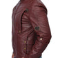 Maroon leather jacket with gold buttons on a white background