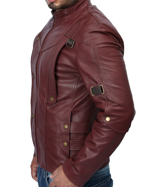 Maroon leather jacket with gold buttons on a white background