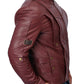 Maroon leather jacket worn by a person on a white background
