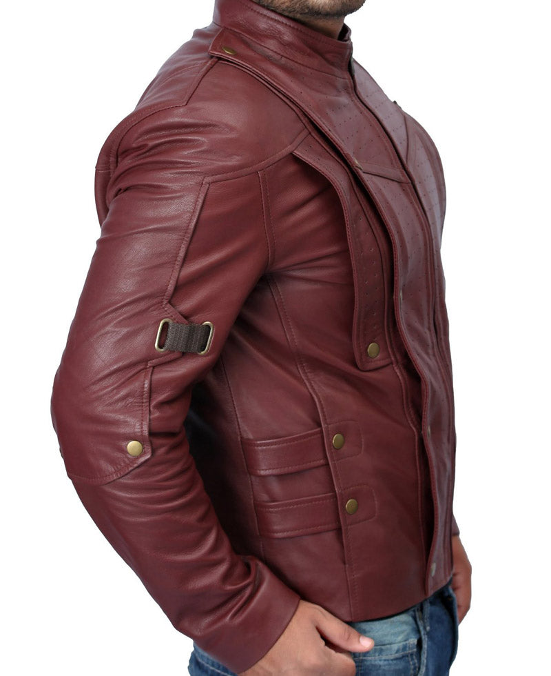 Maroon leather jacket worn by a person on a white background