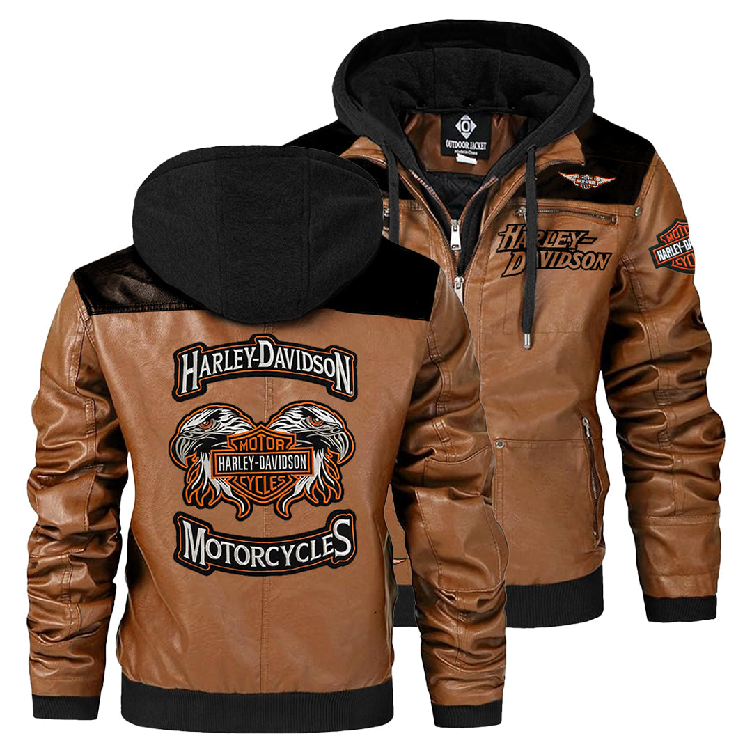brown harley davidson jacket with black hood front and black view