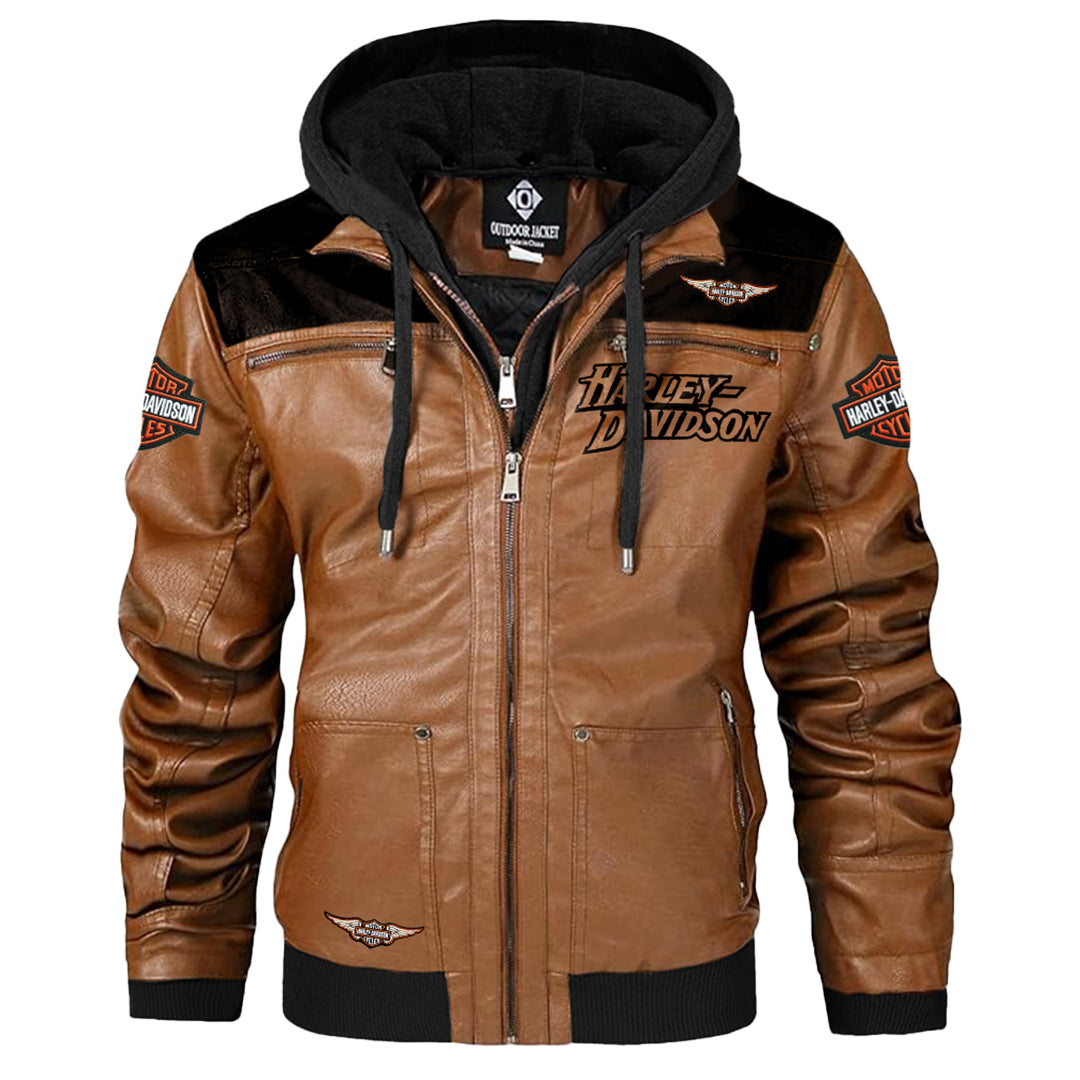 brown harley davidson jacket with hood front view and in front hood