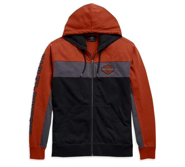 Front view of Copperblock Hoodie with orange, gray, and black color-block.