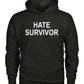 Black hoodie with 'HATE SURVIVOR' text on a white background