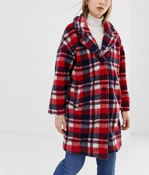 Front view of Red and Navy Home For Christmas Ida Elise Broch Jacket (plaid coat). Perfect for a very Merry Christmas!