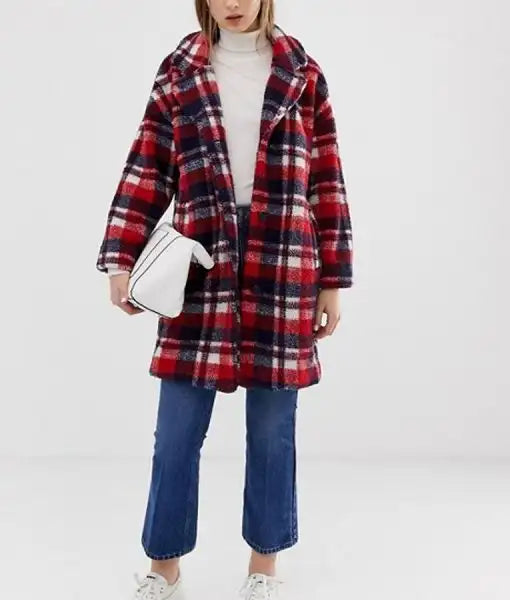 Styled front view of the Red, Navy, and White Plaid Bouclé Coat (Home For Christmas Ida Elise Broch Jacket). Perfect for a Merry Christmas!
