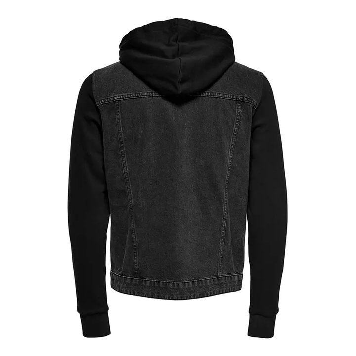 Mens Black Bomber Denim Jacket with Hood