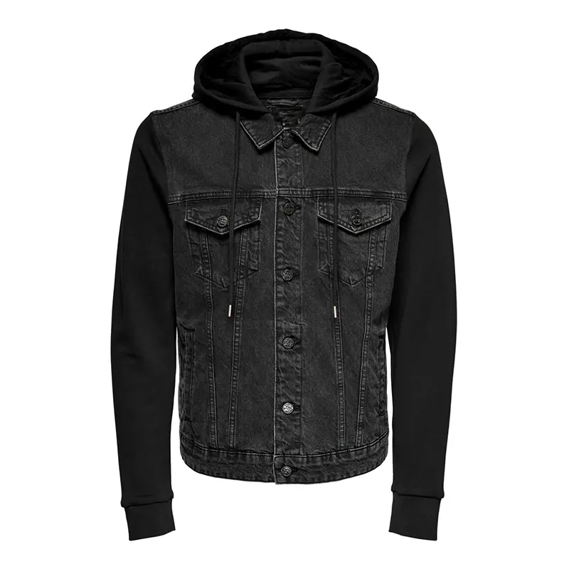 Mens Black Bomber Denim Jacket with Hood