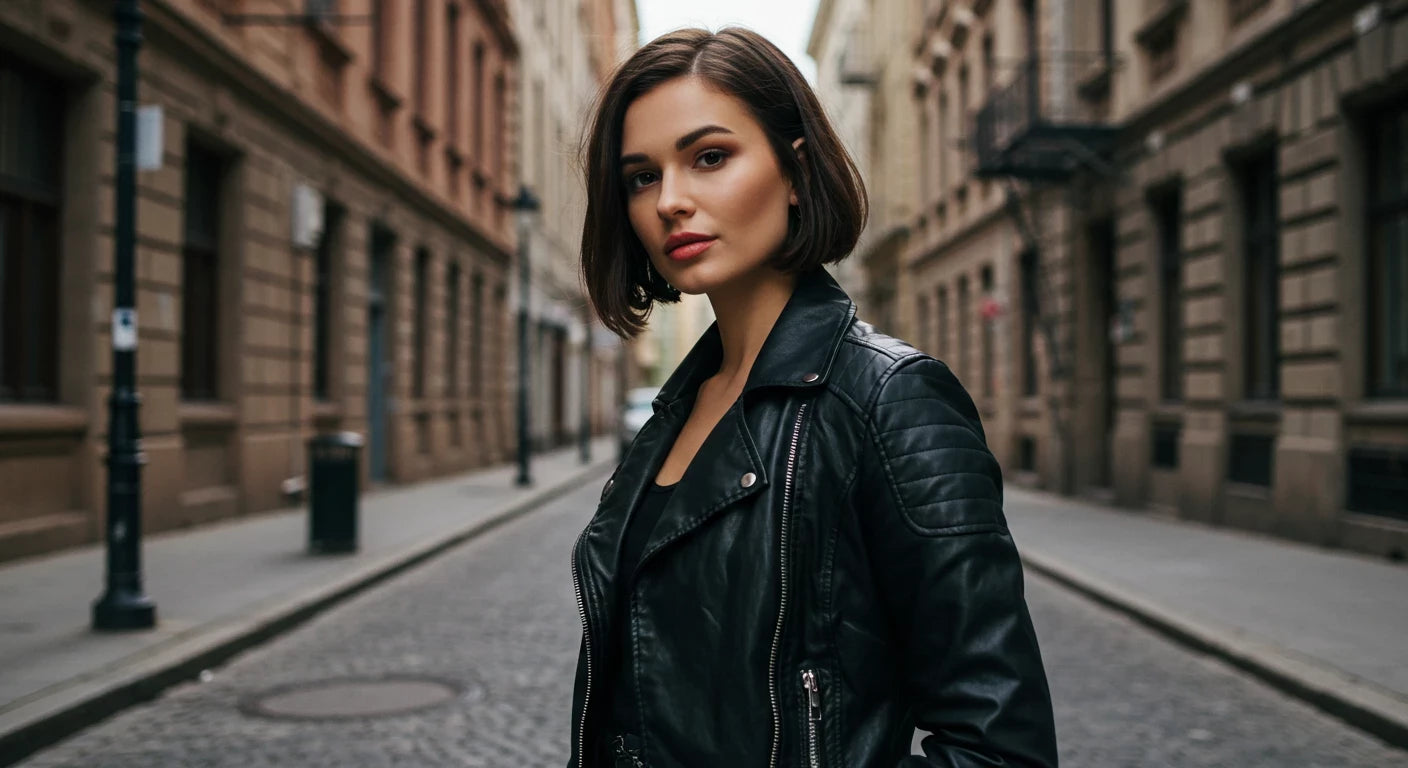 Woman in a black leather jacket standing on a city street