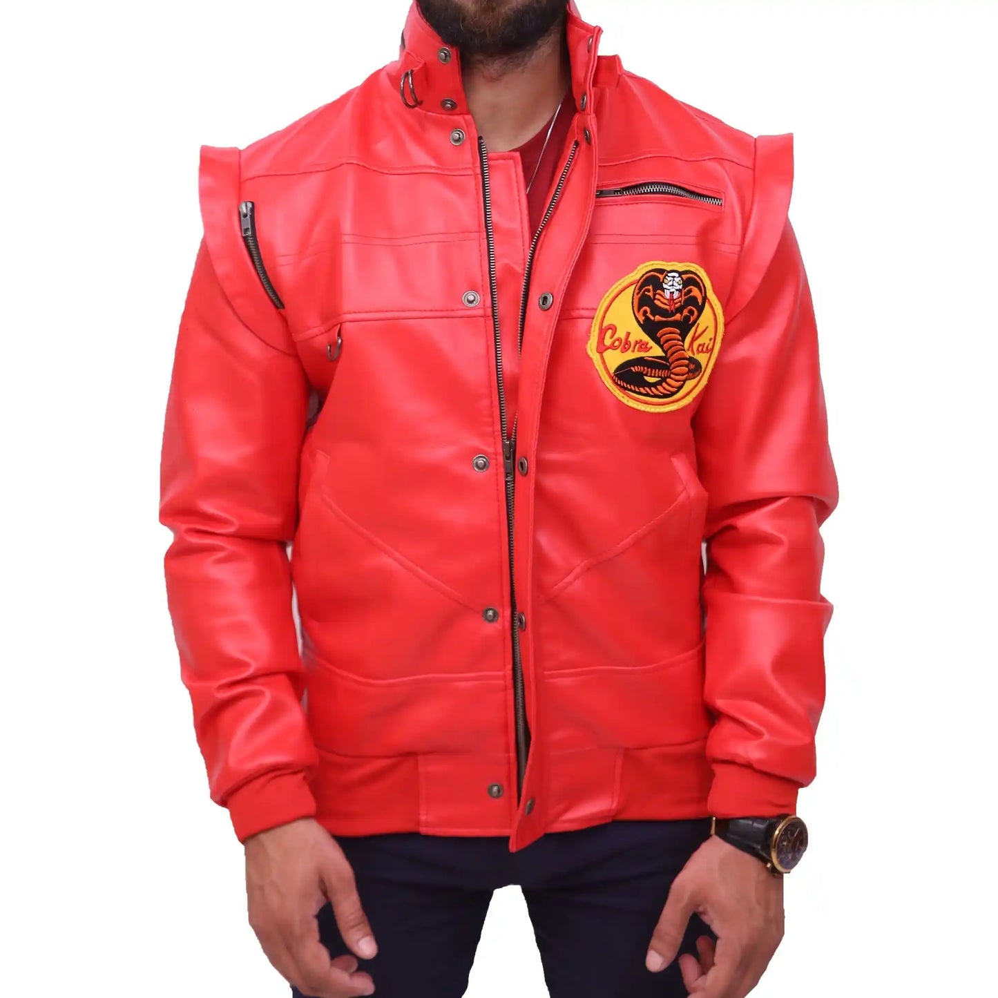 Front view of Johnny Lawrence Cobra Kai te Kid Red Real Leather Jacket