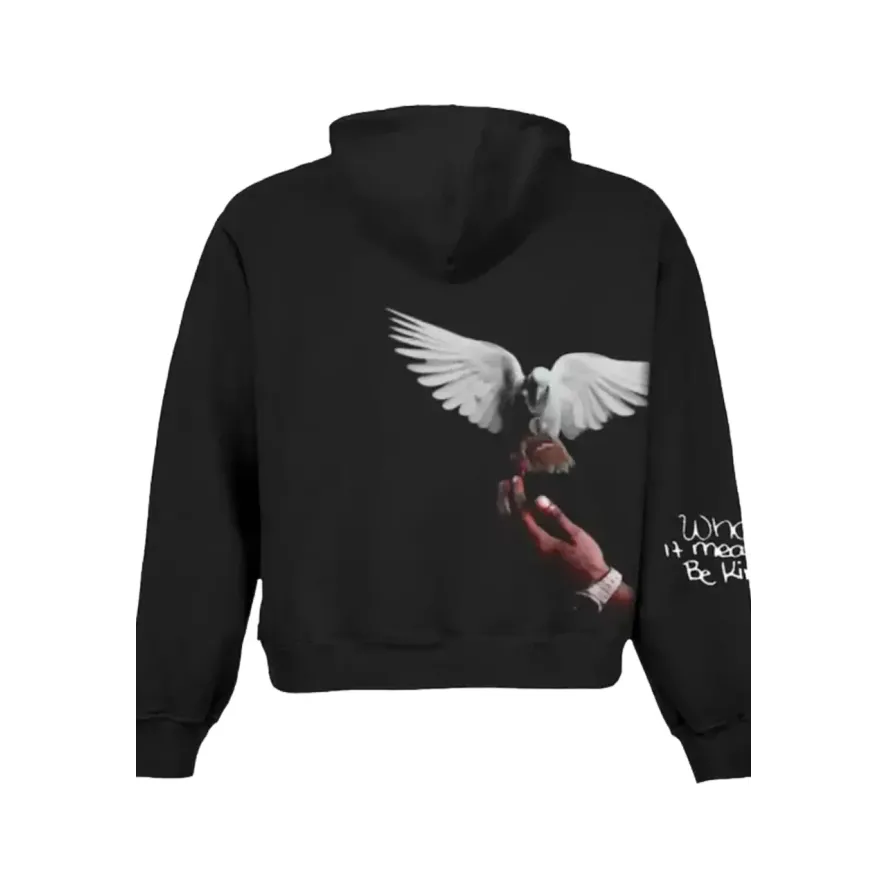 Shop Classic King Von Black Hoodie with a white dove and hand design on the back, on a white background