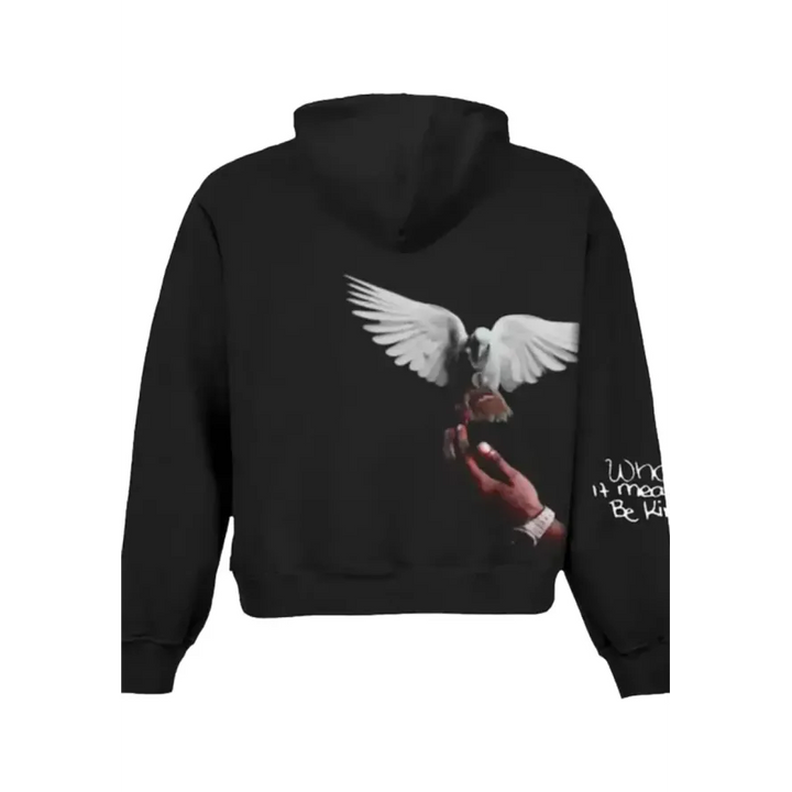 Shop Classic King Von Black Hoodie with a white dove and hand design on the back, on a white background