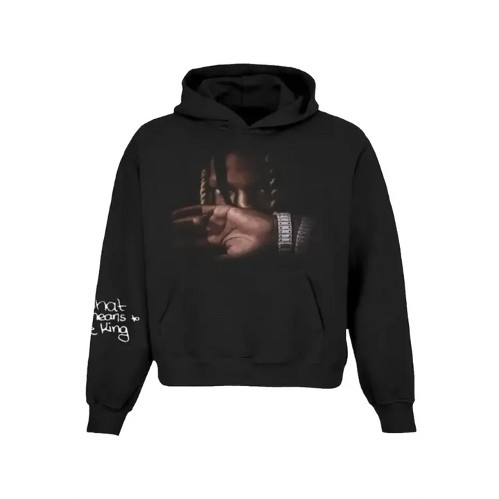 King Von Black Hoodie with graphic design on a white background