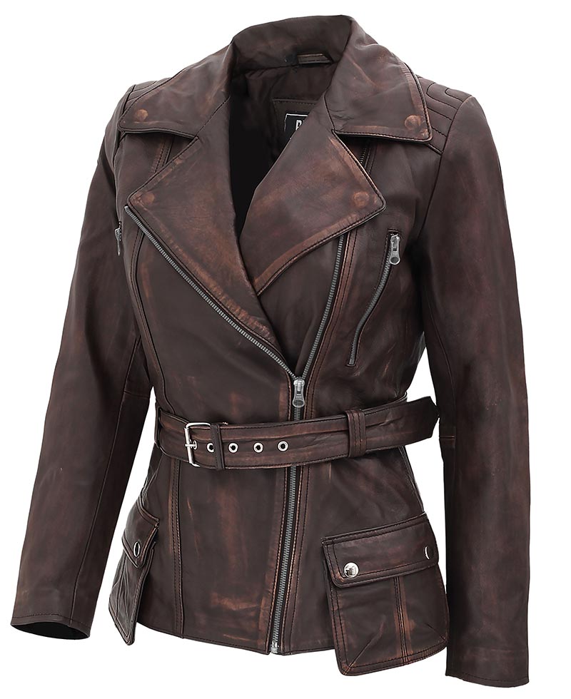 Brown leather jacket with zippers and a belt on a white background