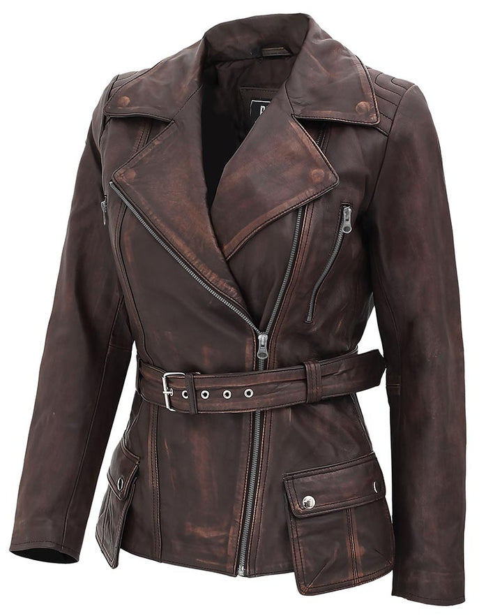 Brown leather jacket with zippers and a belt on a white background