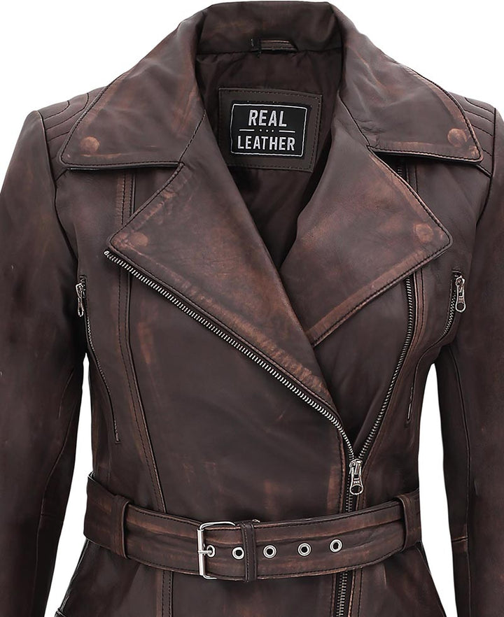 Brown leather jacket with visible 'Real Leather' label on a white background
