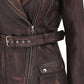 Womens Four Pocket Asymmetrical Distressed Brown Leather Jacket