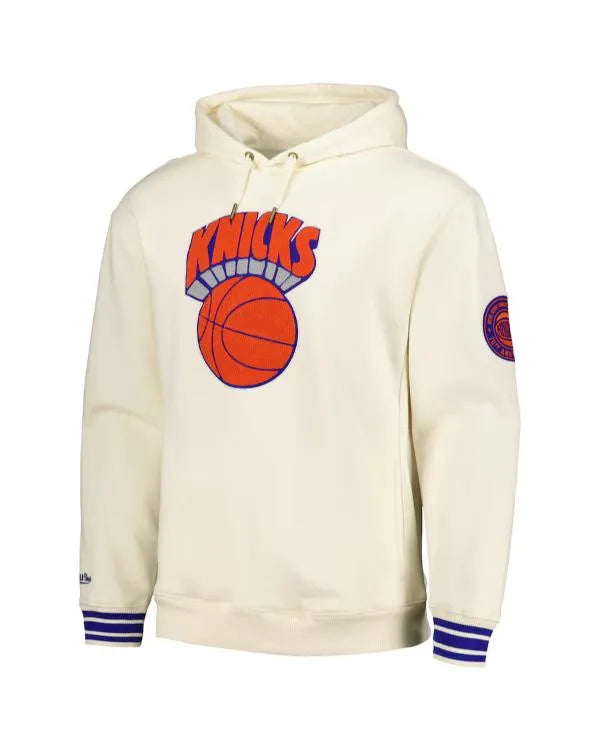 Front view of knicks_white_hoodie_ with Knicks logo